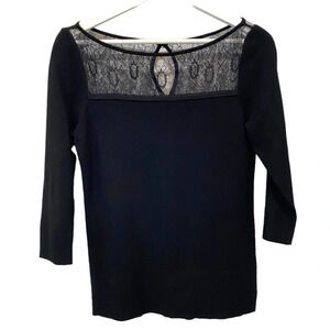 WHBM Lace Keyhole Neck and Ribbed Black Fitted 3/4 Sleeve Sweater Size S